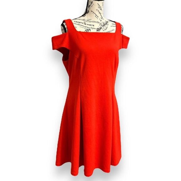 Vince Camuto 14 Red Crepe Midi Dress Cold Shoulder Lined Elegant Cocktail - Picture 3 of 7